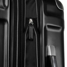 Load image into Gallery viewer, Close up to the black suitcase's expandable zipper.