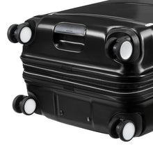 Load image into Gallery viewer, Angled bottom panel close up to the black suitcase. It features four spinning wheels and a grab handle.