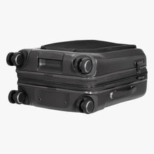 Load image into Gallery viewer, Angled bottom view of the suitcase's four spinner wheels. The bottom and side panel's feature a grab handle.