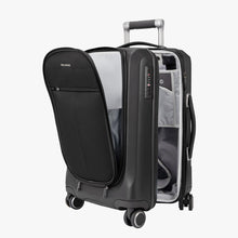 Load image into Gallery viewer, Angled front panel view of the black suitcase with the main compartment and front panel opened.