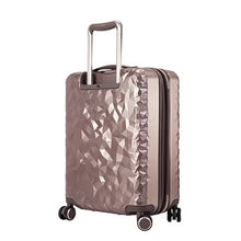 Load image into Gallery viewer, Angled back panel view of the topaz hard shell suitcase with a geometric pattern.