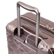 Load image into Gallery viewer, Top panel close up on the topaz suitcase with a USB type-A cable plugged in.