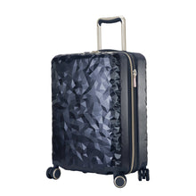 Load image into Gallery viewer, Front Angled View of the Dark Navy hard shell suitcase with geometric design.