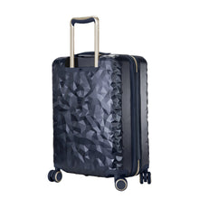 Load image into Gallery viewer, Angled back panel view of the Dark Navy hard shell suitcase with geometric design.