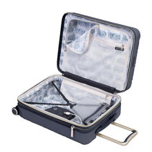 Load image into Gallery viewer, Interior view of the navy blue suitcase. It features a zipper-closing panel divider and adjustable straps.