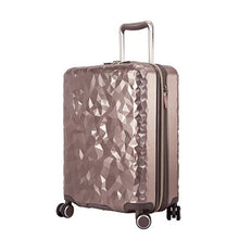 Load image into Gallery viewer, Angled front pane view of the topaz hard shell suitcase with a geometric pattern.