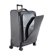 Load image into Gallery viewer, Angled front panel view of the gray suitcase with the pocket opened.