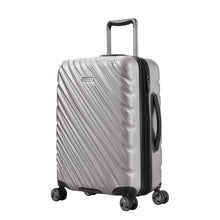 Load image into Gallery viewer, Angled front panel view of the platinum hard shell suitcase.