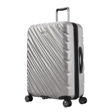 Load image into Gallery viewer, Angled front panel view of the platinum suitcase on a white background.