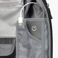 Load image into Gallery viewer, Close up to the interior battery bank compartment in the slate blue suitcase.