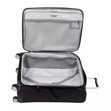 Load image into Gallery viewer, Interior view of the black suitcase. It features zipper-closing compartments, and a set of adjustable straps.