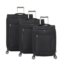 Load image into Gallery viewer, the large, medium, and carry-on size black suitcases on a white background.