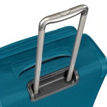 Load image into Gallery viewer, Angled top panel view of the teal suitcase's handle.
