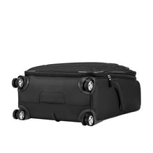 Load image into Gallery viewer, Bottom panel view on the black suitcase's spinner wheels.