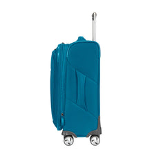 Load image into Gallery viewer, Side panel view of the soft-side suitcase in Teal. It features a grab handle.
