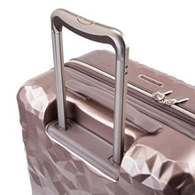 Load image into Gallery viewer, Angled top panel view of the topaz suitcase with the handle extended.