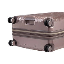 Load image into Gallery viewer, Angled bottom panel view of the topaz suitcase. It features four spinning wheels and a grab handle.