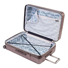 Load image into Gallery viewer, Interior view of the topaz hard shell suitcase. It features a zipper-closing panel divider, and adjustable straps.
