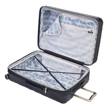Load image into Gallery viewer, Interior view of the navy suitcase. It features a zipper-closing panel divider, and adjustable straps.