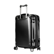 Load image into Gallery viewer, Angled back panel view of the black hard shell suitcase.