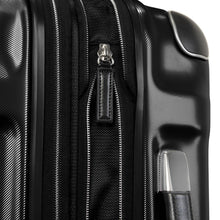 Load image into Gallery viewer, Close up to the black suitcase's expandable zipper.
