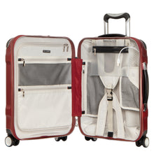 Load image into Gallery viewer, Interior view of the red suitcase. It features a zipper-closing panel divider, pockets, and adjustable straps.