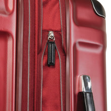 Load image into Gallery viewer, Close up to the red suitcase's expandable zipper.