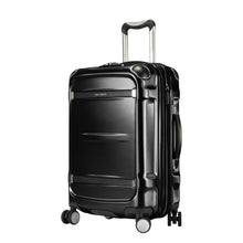 Load image into Gallery viewer, Angled front panel view of the black suitcase.