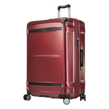 Load image into Gallery viewer, Angled front panel view of the red hard shell suitcase.