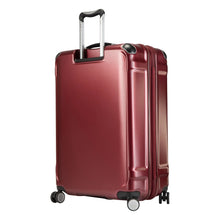 Load image into Gallery viewer, Angled back panel view of the red hard shell suitcase.