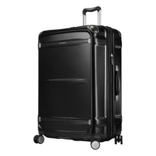 Load image into Gallery viewer, Angled front panel view of the black hard shell suitcase.