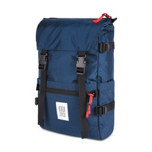 Load image into Gallery viewer, Angled front panel view of the navy blue backpack.
