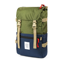 Load image into Gallery viewer, Angled front view of the green with navy blue backpack.