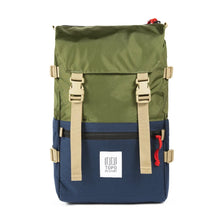 Load image into Gallery viewer, Front panel view of the half olive green and half navy blue backpack.