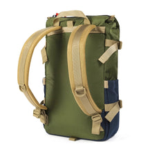 Load image into Gallery viewer, Angled back panel view of the olive green and navy blue backpack.