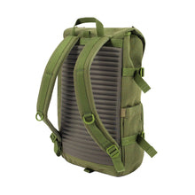 Load image into Gallery viewer, Angled back panel view of the olive green backpack