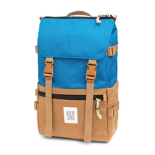 Load image into Gallery viewer, Angled front panel view of the blue and khaki backpack.