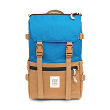Load image into Gallery viewer, Front panel view of the blue with khaki backpack.