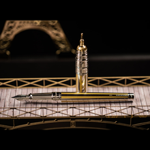 Load image into Gallery viewer, Side view of the fountain pen with the cap set next to it, arranged on the bridge of the display.