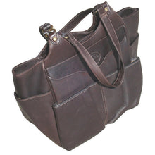 Load image into Gallery viewer, Angled front view of the brown leather market tote.