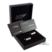 Load image into Gallery viewer, Angled view of the cufflinks in their presentation box with the booklet and certificate.