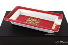 Load image into Gallery viewer, Angled view of the red and white ashtray with gold accents.