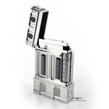 Load image into Gallery viewer, Angled front view of the lighter with the lid lifted.