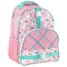 Load image into Gallery viewer, Angled front view of the pink unicorn backpack.