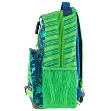 Load image into Gallery viewer, Side panel view of the blue dinosaur backpack with green accents.