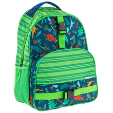 Load image into Gallery viewer, Angled front view of the blue dinosaur backpack with green accents.