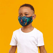 Load image into Gallery viewer, A child wearing the blue fabric mask with green, yellow, and red dinosaurs.