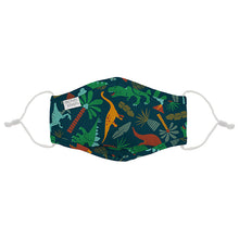Load image into Gallery viewer, A blue fabric face mask with yellow, green, and red dinosaurs.