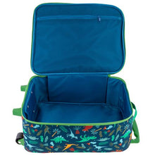 Load image into Gallery viewer, Interior view of the blue dinosaur suitcase. The lid features a zipper-closing pocket.