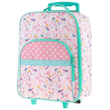 Load image into Gallery viewer, Angled front view of the pink unicorn suitcase.